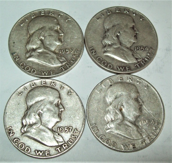 Lot of 4 Silver Franklin Half Dollars 2-1954-D 1957-D 1959-D
