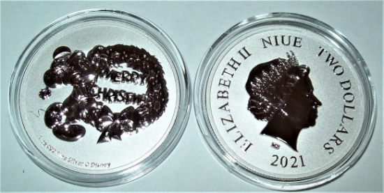 2021 - Niue 1 OZ .999 Fine Silver $2 Disney Mickey Mouse Merry Christmas Coin