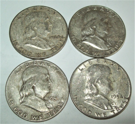 Lot of 4 Silver Franklin Half Dollars 1953-D 1954-D 1960-D 1963-D