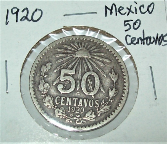 1920 Mexico 50 Centavos Silver Coin Eagle & Snake