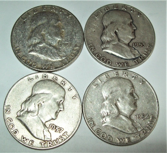 Lot of 4 Silver Franklin Half Dollars 1951-D 1953-D 1954-D 1957-D