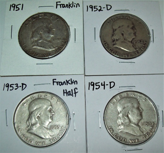 Lot of 4 Silver Franklin Half Dollars 1951 1952-D 1953-D 1954-D