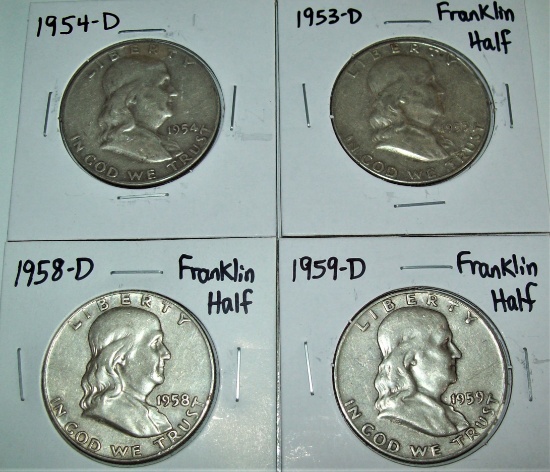 Lot of 4 Silver Franklin Half Dollars 1953-D 1954-D 1958-D 1959-D