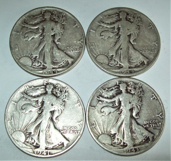 Lot of 4 Silver Walking Liberty Half Dollars 1941-S 1943-D 1944-D 1944
