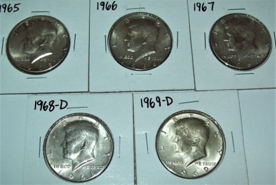 Lot of 5 40% Silver Kennedy Half Dollars 1965 1966 1967 1968-D 1969-D
