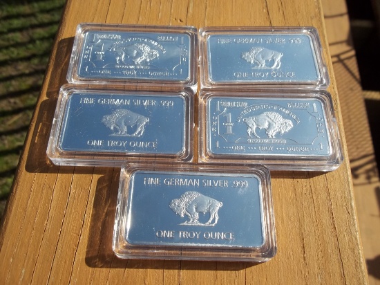 5 1 Ounce 999 German Silver Buffalo Bars In Protective Cases USA In God We Trust Bar