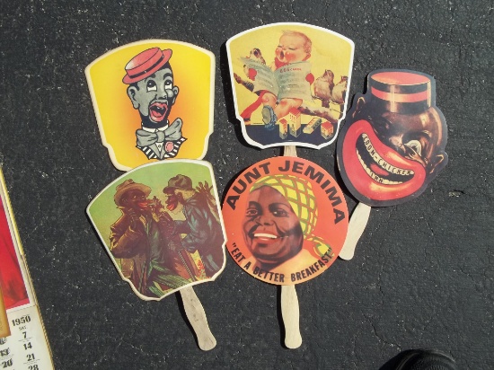5 Black Americana Paper Hand Fans With Wood Handles Coon Chicken Inn Aunt Jemima Lou's Diner Etc.