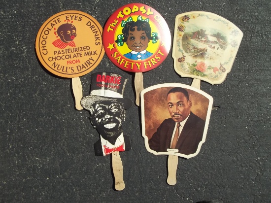 5 Black Americana Paper Hand Fans With Wood Handles Martin Luther King Topsy Club Chocolate Eyes Etc