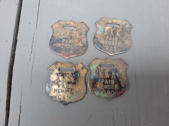 4 Old Brass KKK Paid Member Numbered Tags