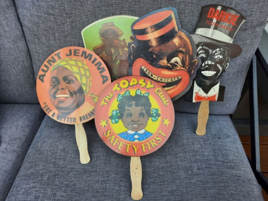 5 Black Americana Paper Hand Fans With Wood Handles Aunt Jemima Coon Chicken Inn Topsy Club Etc..