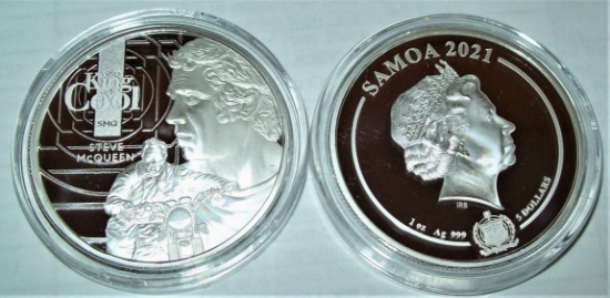 2021 Samoa KIng of Cool Steve McQueen  1 troy oz. .999 Fine Silver $5 Coin