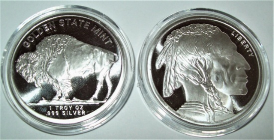 Golden State Mint Buffalo Indian Head 1 Troy Oz. .999 Fine Silver Round