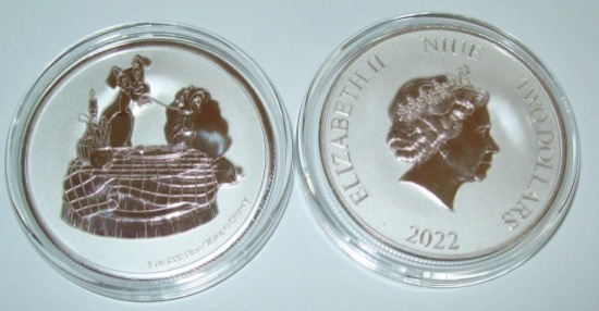 2022 Niue Disney Lady and the Tramp $2 Coin 1 Troy Oz. .999 Fine Silver Coin