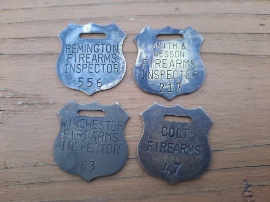 Set of 4 Brass Firearms Inspector Gun Tags Colt, Remington, Smith and Wesson & Winchester