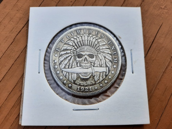 1921 Hobo Morgan Dollar Indian Skull Head & Knife Fantasy Dollar Coin