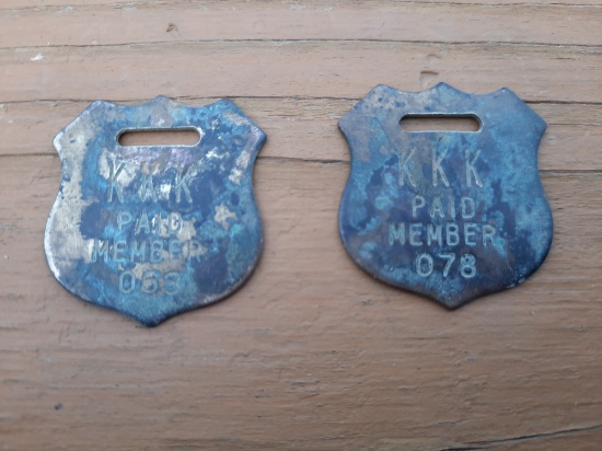 2 Old Brass KKK Paid Member Numbered Tags