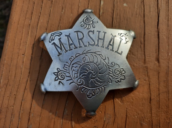 Metal 6 Point Star Marshal Badge With Detailed Scroll Work