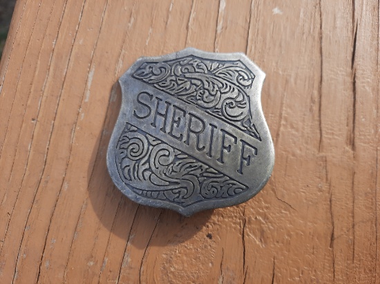 Metal Sheriff Shield Badge With Detailed Scroll Work