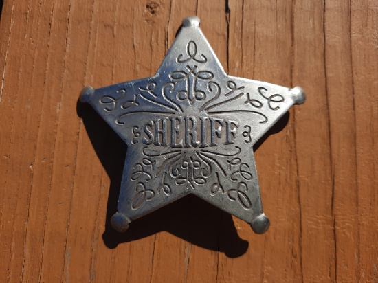 Silver Colored Sheriff 5 Point Star Badge Embossed Letters & Fancy Scroll Work