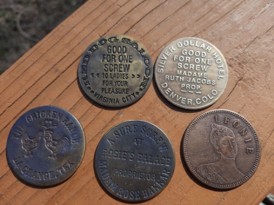 Lot of 5 Brass Brothel Tokens Chicken Ranch TX Red Dog Saloon NV Silver Dollar CO Rosies Palace