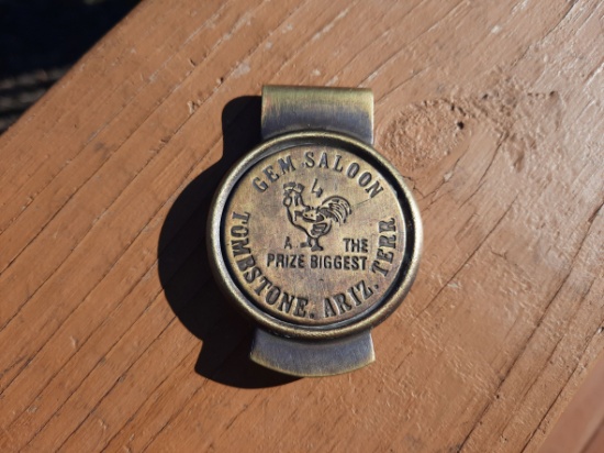 Brass Gem Saloon Tombstone Arizona A Prize for the Biggest Rooster Brothel House Token Money Clip