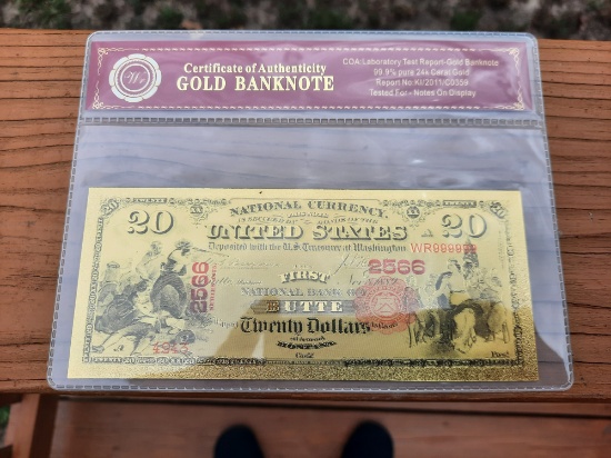 24K Gold Banknote Twenty Dollar Bill National Bank Of Butte Montana