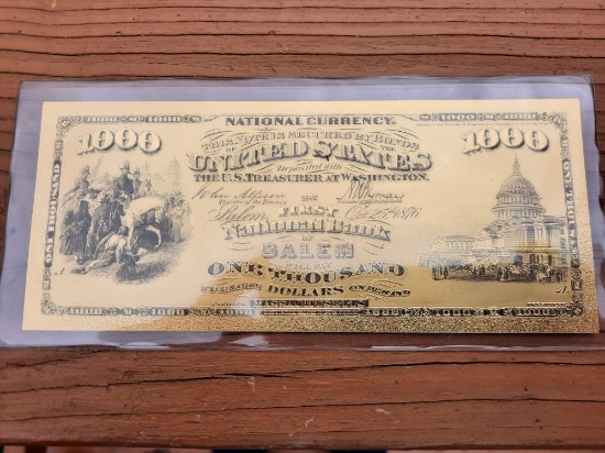 24K Gold Foil Bill Note 1000 Dollar Bill First National Bank Of Salem