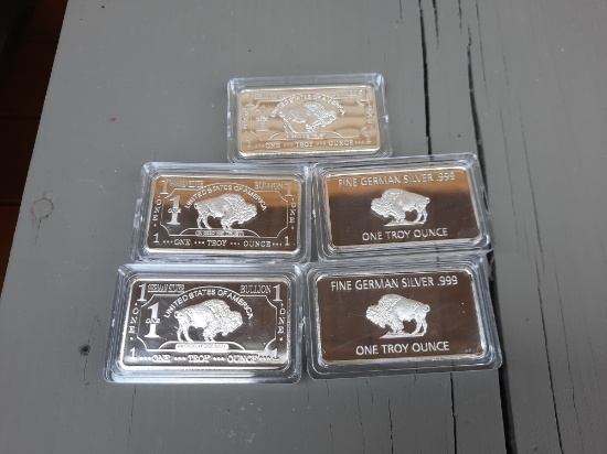 5 1 Ounce 999 German Silver Buffalo Bars In Protective Cases USA In God We Trust Bar