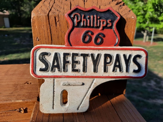 Cast Iron Phillips 66 Safety Pays License Plate Topper Fob Gas Oil Advertising