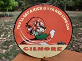 Thick Heavy Porcelain Gilmore Gas Oil Sign You'll Get A Kick Outa Red Lion Gas