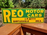 New Old Stock Tin Metal Sign REO Motor Cars JP Getty Bartlesville Oklahoma Dealer Sign