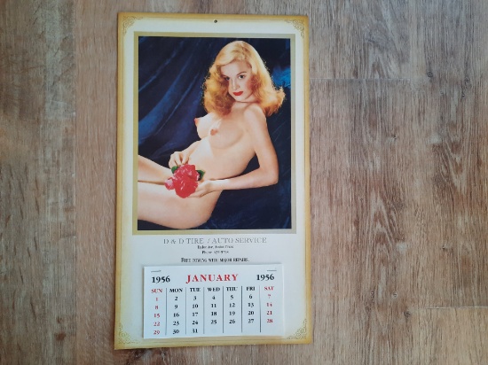 1956 D&D Tire Auto Service Nude Pinup Garage Gas Station Sexy Calendar Austin Texas