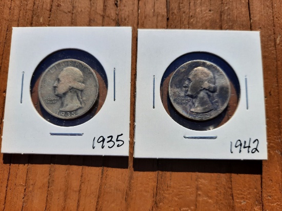 1935 & 1942 Washington Quarters Coin 90% Silver 2 Quarters