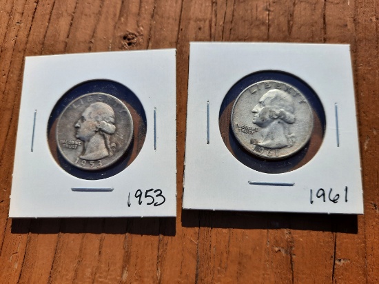 1961 & 1953 Washington Quarters Coin 90% Silver 2 Quarters