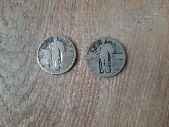 2 Standing Liberty Quarters 90% Silver 1926 & Date Worn Off