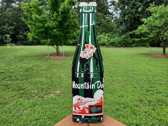 Large Heavy Porcelain Mountain Dew Soda Bottle Sign Hillbilly Style Drug Store Advertising Display