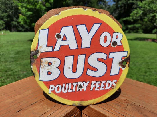 Heavy Porcelain 6 Inch Lay Or Bust Poultry Feeds Seed Store Door Push Plate Farm Sign