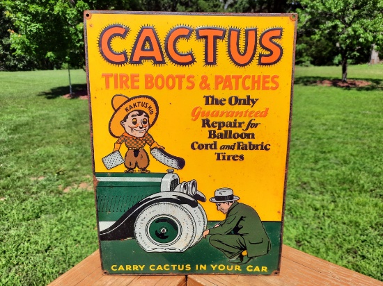 Old Tin Metal Embossed Cactus Tire Boots & Patches Sign Cord and Fabric Tires
