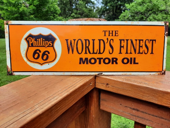 Porcelain Phillips 66 The World's Finest Motor Oil Sign Station Pump Plate Sign