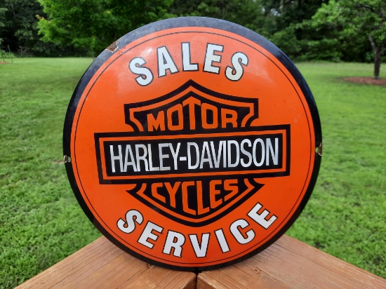 Round Porcelain Harley Davidson Motorcycles Sales Service Sign Dealer Sign