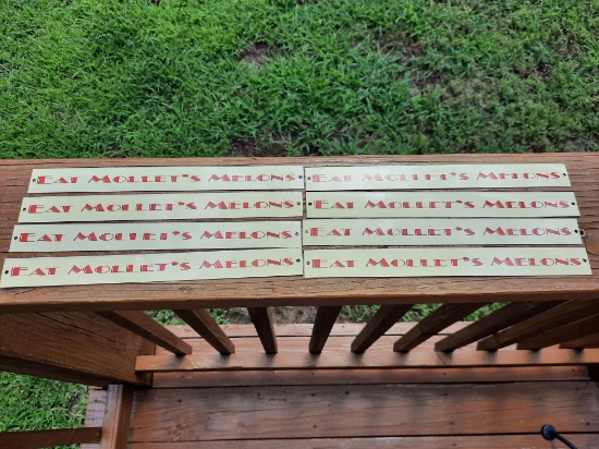 Lot of 8 Tin Metal Old Vintage Painted Shelf Strip Signs Eat Mollet's Melons Advertising Signs