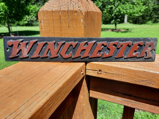 Cast Iron Winchester Guns Ammo Cabinet Sign Plaque Hunting Sign