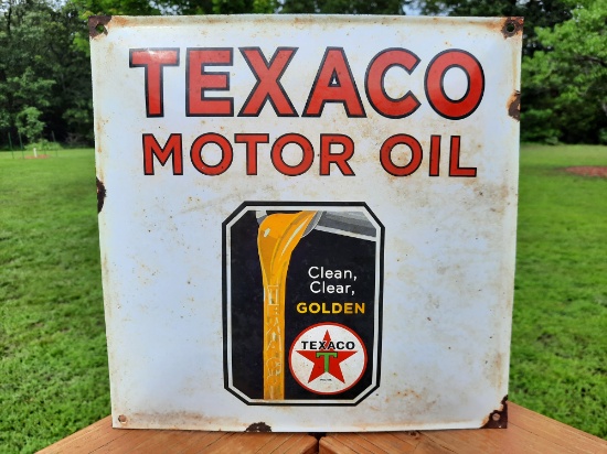 Texaco Motor Oil Clean Clear Golden Porcelain Gas Station Sign
