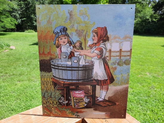 Tin Metal Advertising Sign Ivorine Wonderful Cleanser Washtub & Cats Sign