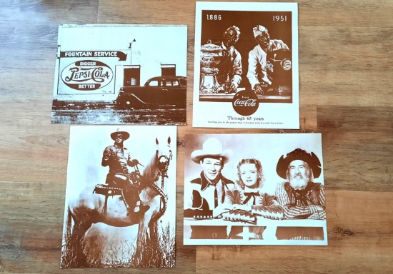 Lot 4 Sepia or Brown and White Prints Coke Coca Cola Pepsi Lone Ranger Roy Rogers Dale Evans Gabby