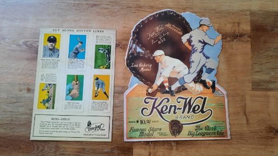 Cardboard Cutout Ken-Wel Brand Gloves Sign Lou Gehrig Model & Fro-Joy Babe Ruth Advertising Sign