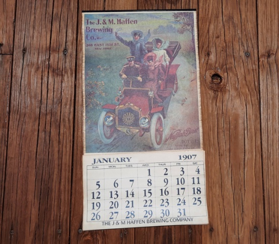 J&M Haffen Brewing Company 1907 Calendar with Ladie in Wind-up Car on Front