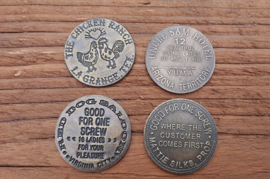Lot of 4 Brass Brothel Whore House Tokens