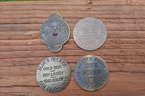 4 Brass Brothel Whore House Tokens