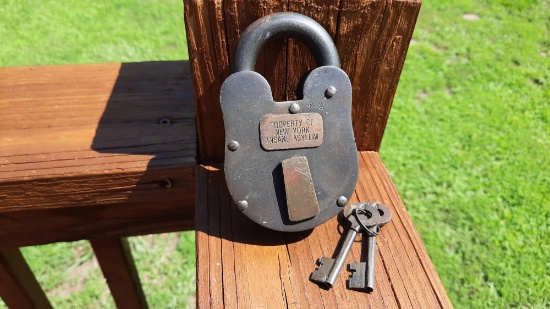 Cast Iron Property of New York Insane Asylum Cell Lock Padlock & Keys Heavy Solid Jail Lock